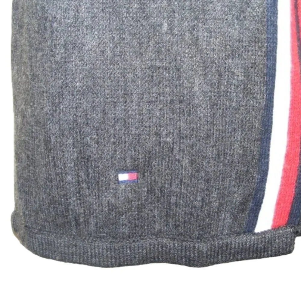TOMMY HILFIGER Scarf, Charcoal Gray Acrylic, Red/White Stripe accent, Bar logo
